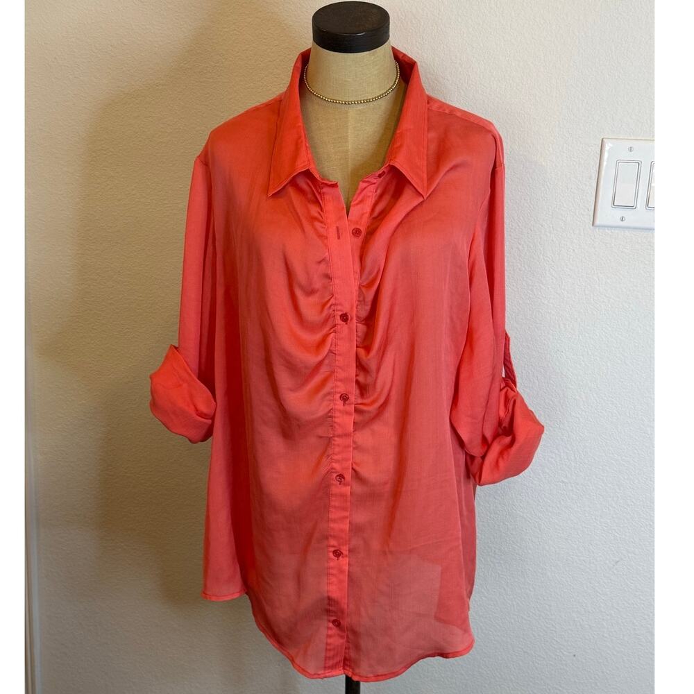 CALVIN KLEIN Coral Button Up Casual Shirt Blouse Top Women 2X XXL